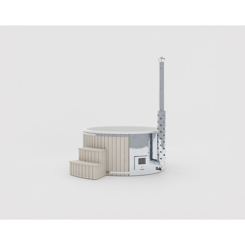 Runder Hot Tub Benas In mit beiger Außenverkleidung und integriertem Ofen